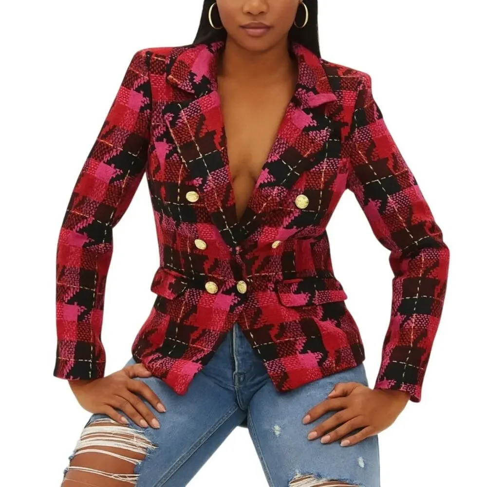 Anthropologie Exploded Plaid Tweed Blazer Medium Red Pink Gold Button Jacket